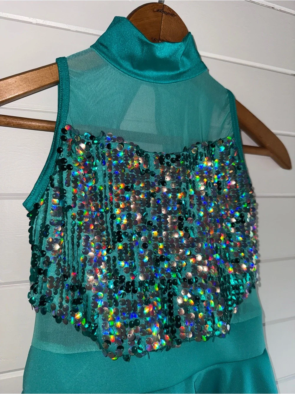 Weissman Teal Sequin Dance Dress for Girls Spandex w Built in Underwear